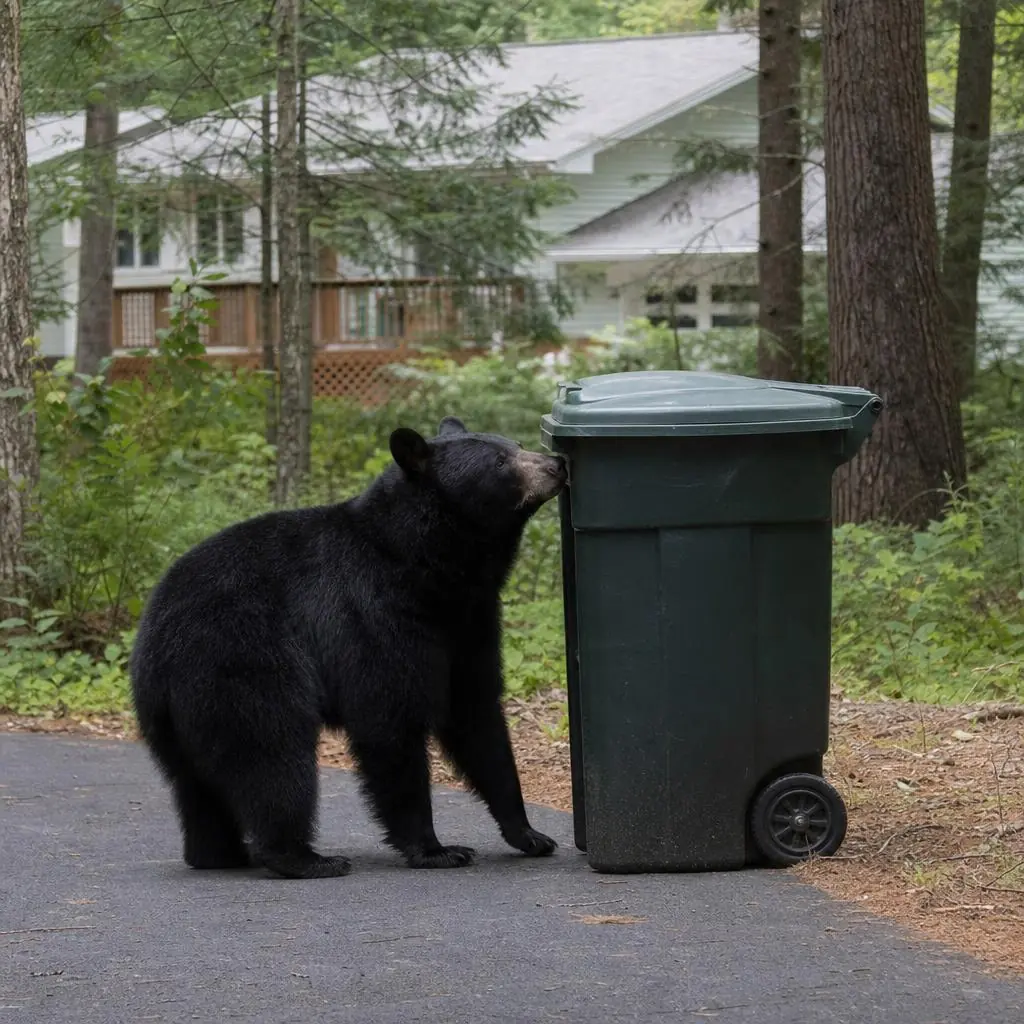 Black bear investigating a dumpster near a wooded property