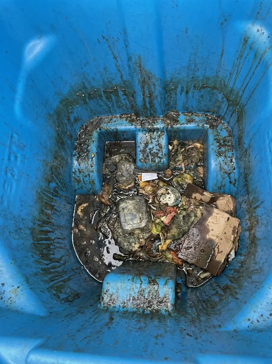 Filthy bin interior before 200° hot-water cleaning